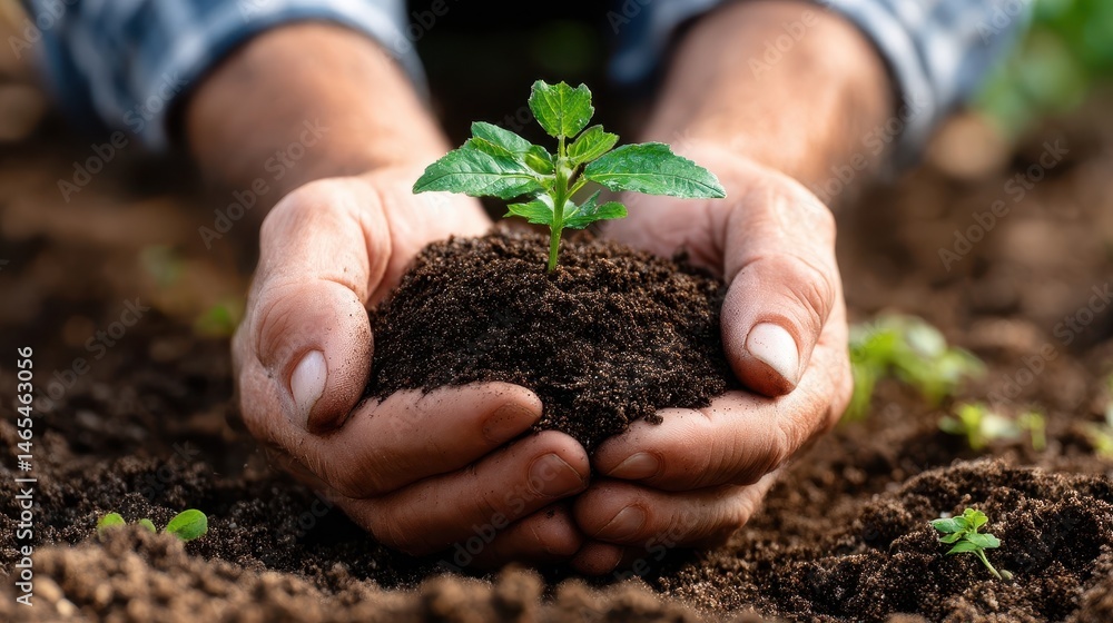 Hands holding young plant in fertile soil. Hands holding young plant in fertile soil.