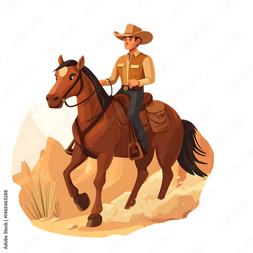 A Cartoon Cowboy Riding a Horse Through a Canyon Isolated on Transparent Background A Cartoon Cowboy Riding a Horse Through a Canyon Isolated on Transparent Background