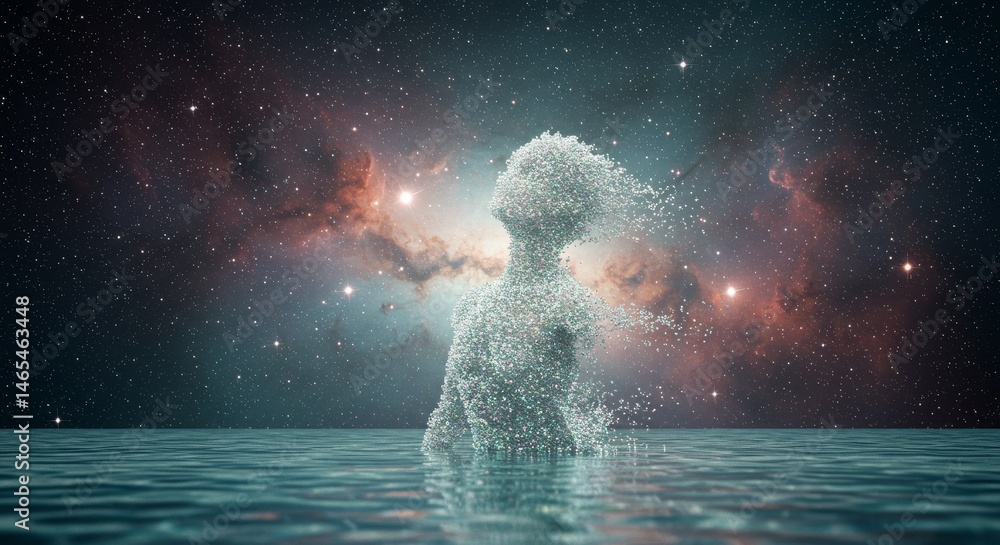 Obraz premium Celestial Being Emerging From Ocean Depths - Ethereal figure, cosmic background, ocean water, transformation, spiritual awakening. Symbolizes rebirth, unity, mystery, transcendence, and hope