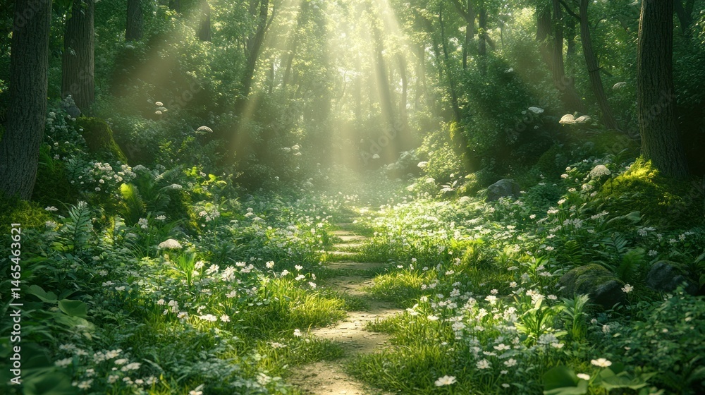 Obraz premium Sunlit forest path, lush greenery, wildflowers