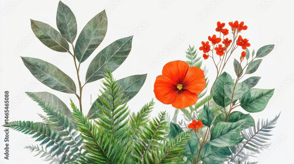 Obraz premium Vibrant botanical illustration featuring lush greenery and bright orange flower