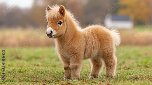 Fluffy Shetland foal standing on a green grassy meadow, dry grass scattered around. Far in the distance, a farm quietly fades into the peaceful countryside scene.