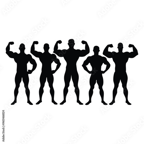 Muscular silhouette men are flexing their biceps in a row on an isolated background