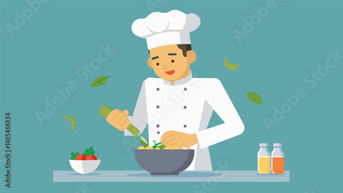 A chef skillfully blending together chopped garlic cilantro and peppers to create a smooth and flavorful chimichurri sauce.. Vector illustration