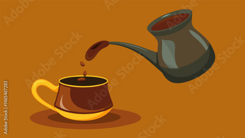 A smooth stream of rich dark liquid cascades from the spout of a traditional Colombian coffee pot filling the cup below.. Vector illustration
