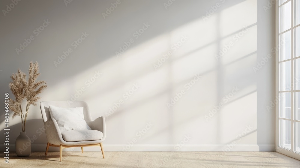 Fototapeta premium Scandinavian Style Mockup: Minimalist Living Room with Armchair Against an Empty Wall