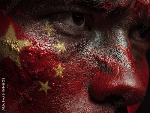 Closeup revealing Chinese flag painted on man's cheek, expressing national pride and cultural identity