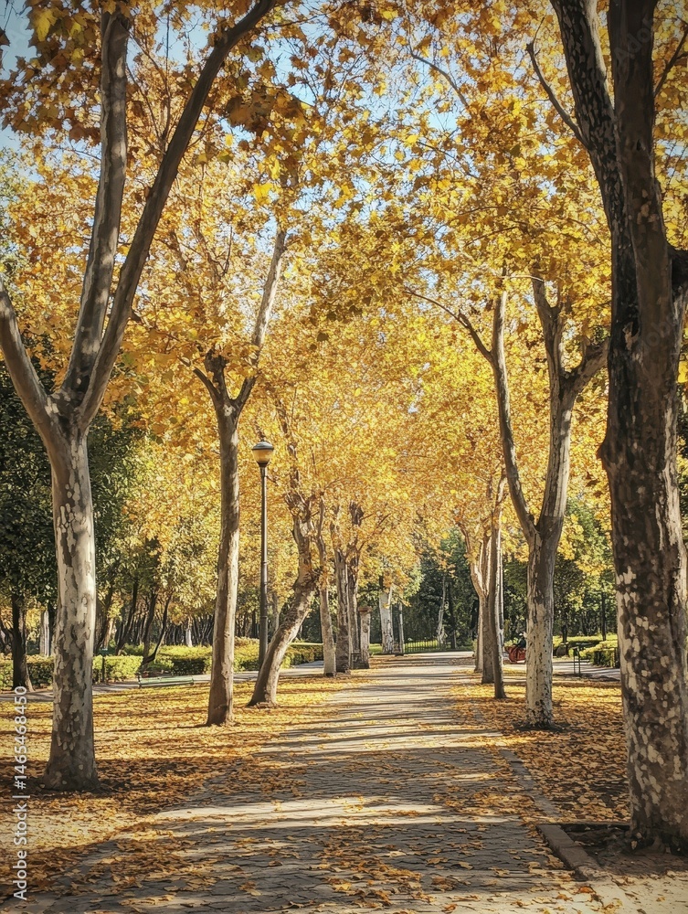 Naklejka premium Scenic Vertical Park: Autumn Trees Creating an Idyllic Landscape in an Empty Garden