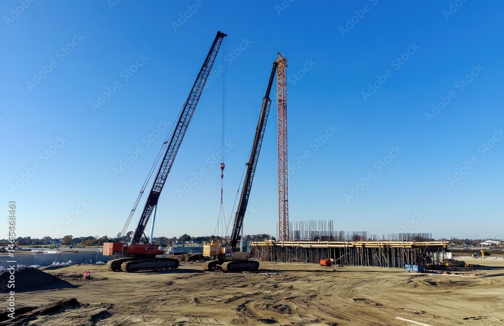 Construction site with large cranes, elevated supports, and concrete structures under development. Extensive groundwork and preparation visible Construction site with large cranes, elevated supports, and concrete structures under development. Extensive groundwork and preparation visible
