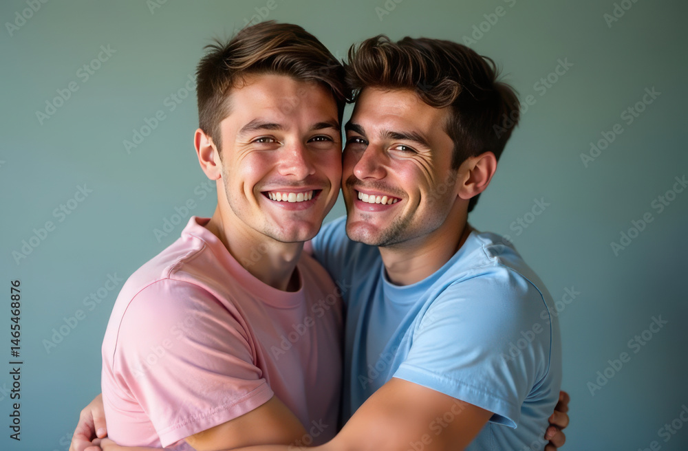 Obraz premium Joyful hugs of two men in bright casual clothes on a green background. a male couple in love. LGBT Pride month