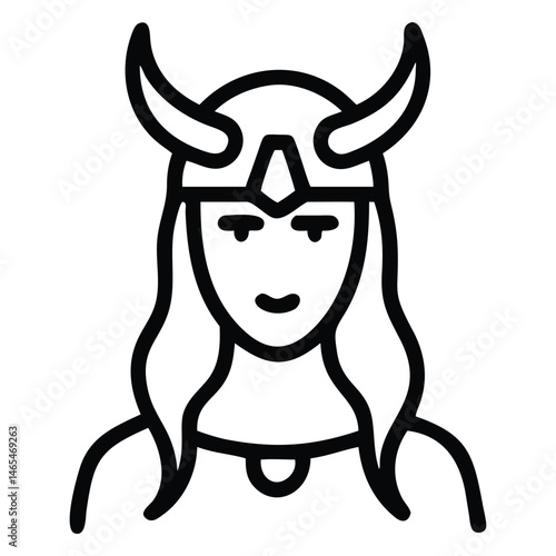 Outline drawing shows viking woman wearing horned helmet and simple tunic is here