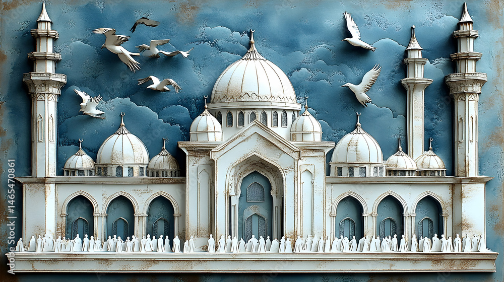 Fototapeta premium A majestic mosque, paper-cut style, with many people gathered. Birds soar above in a serene scene