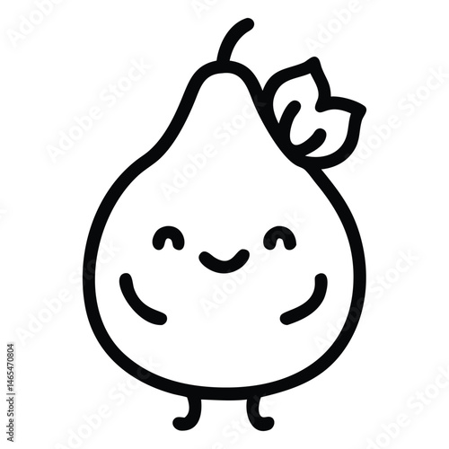 Outline pear fruit character exhibits a cute smile and charming leaf detail