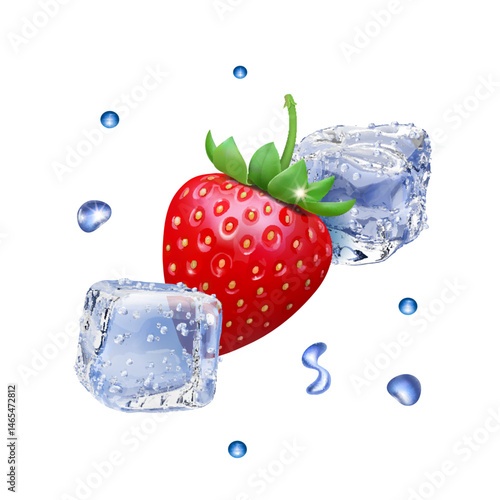 Fresh realistic strawberry fruit with transparent ice cube isolated element ion white background .Vector in 3D illustration icon