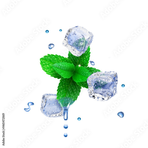 Ice cubes mint. Frozen realistic water crystal cube with peppermint leaf, Menthol green spearmint green leaves, alcohol party elements frost freshness