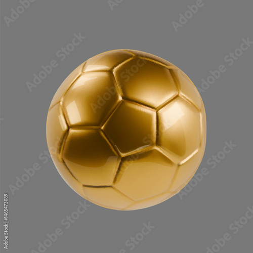 Gold soccer ball 3d render vector. Golden football champion award icon. Realistic soccer trophy winner. Metal ball
