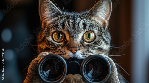 Curious Tabby Spy: Wide-Eyed Cat Peeking Through Binoculars, Observing the World with Intense Focus and Playful Mystery.