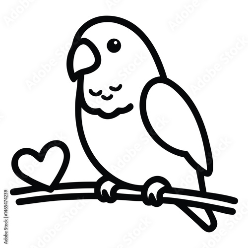Outlined cute lovebird is perched on a branch beside a heart symbol