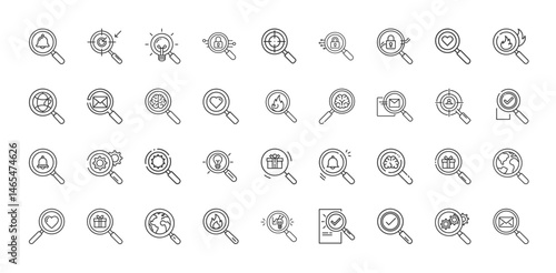 collection magnifying glass icons paired symbols concepts notifications targeting ideas security emotions urgency global reach communication intelligence confirmation processes