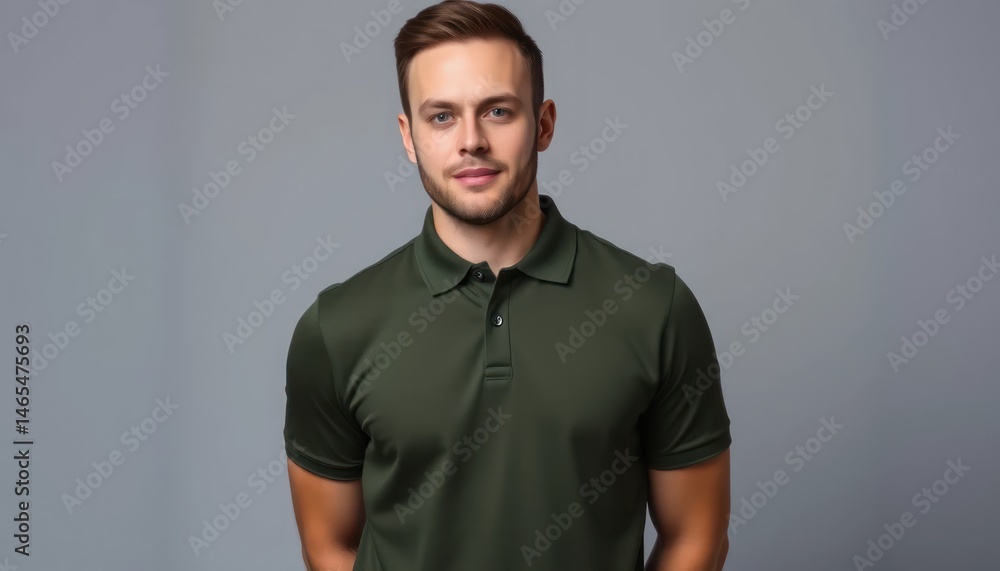 Portrait of a confident young man in a casual dark green polo shirt against a simple grey backdrop, showcasing modern style and youthful appeal Portrait of a confident young man in a casual dark green polo shirt against a simple grey backdrop, showcasing modern style and youthful appeal