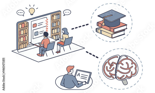detailed illustration, minimalist style, digital art, vector graphics, modern design, school library, bookshelf, students studying, brain icon, light bulb icon, laptop, comfortable chairs, warm colors