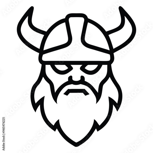 Outlined Viking face with horns helmet beard and mustache looks fierce with determination