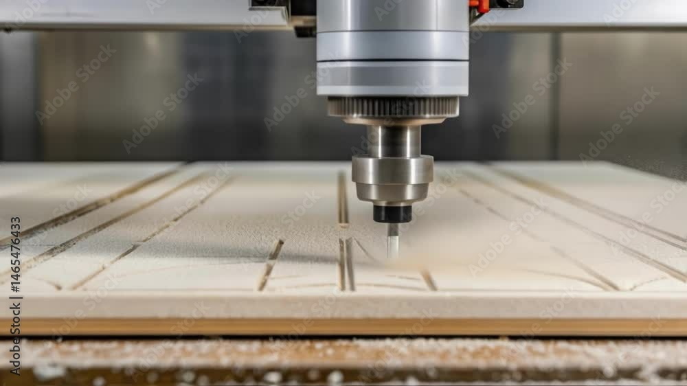 Detailed view of a robotic ter slicing through a drywall board highlighting the sharp edges and dust particles generated by the ting process. Detailed view of a robotic ter slicing through a drywall board highlighting the sharp edges and dust particles generated by the ting process.