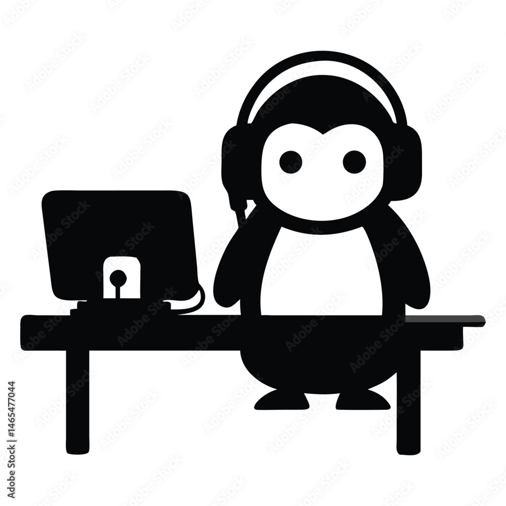 Fototapeta premium Penguin wearing headphones works diligently at a computer placed on a solid table