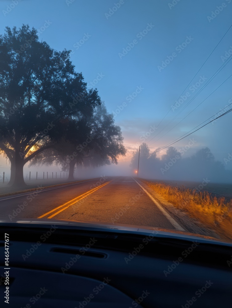Foggy Dawn Drive Along a Winding Road With Silhouettes of Trees in the Distance Generative AI Foggy Dawn Drive Along a Winding Road With Silhouettes of Trees in the Distance Generative AI