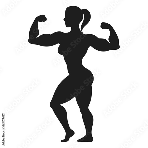 Powerful female athlete shows off muscles while striking a classic bodybuilding pose