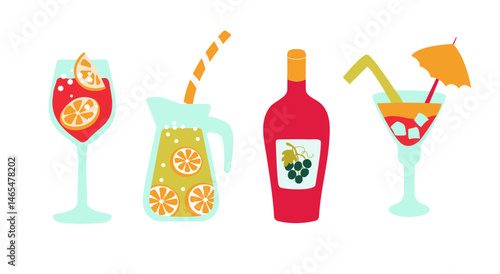 Set with refreshing drinks. Homemade lemonade,vino and fruit cocktails.