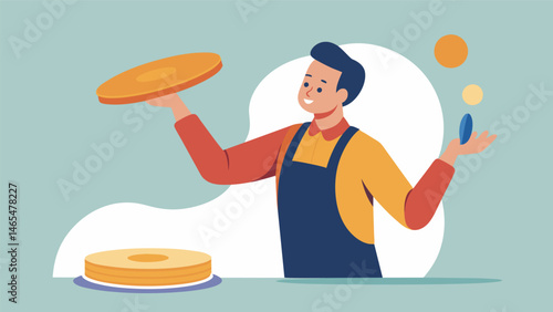 A vendor deftly flipping the pancakes with a quick flick of their wrist creating a satisfying crunch and revealing a golden brown underside.. Vector illustration