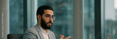 Young caucasian male professional engaging in business meeting in modern office