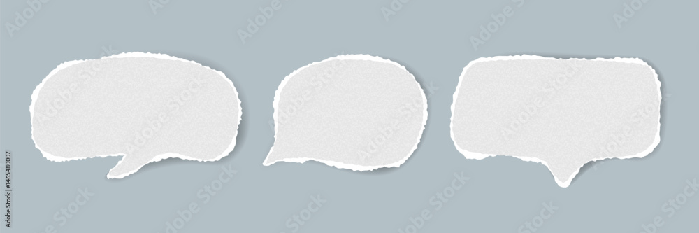 Vector set of ripped edge speech bubbles isolated on grey background. Handmade paper grunge texture. Ideal for stickers, notes, banners, quotes, digital scrapbooking, text highlights, poster