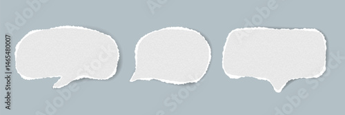 Vector set of ripped edge speech bubbles isolated on grey background. Handmade paper grunge texture. Ideal for stickers, notes, banners, quotes, digital scrapbooking, text highlights, poster