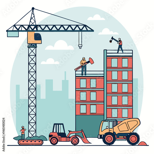Vector Illustration of Construction Site with Building Equipment
