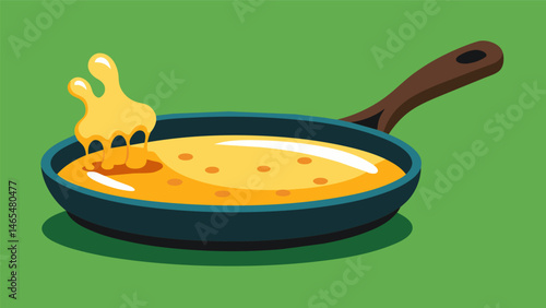 A hot iron pan is covered in a generous layer of melted cheese ready to be topped with the baked Sopa Paraguaya.. Vector illustration