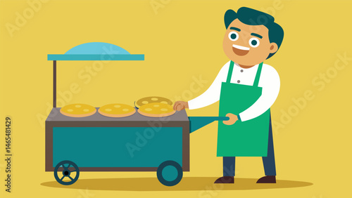 A smiling vendor standing behind a cart skillfully flipping tortillas on a hot griddle to prepare the base of the baleada.. Vector illustration