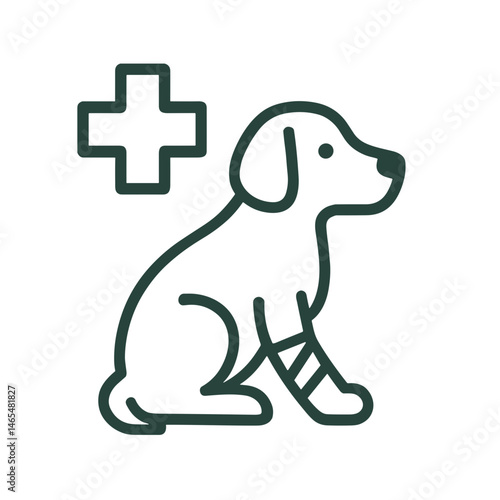 Injured dog icon with medical cross and bandaged leg — veterinary care line symbol