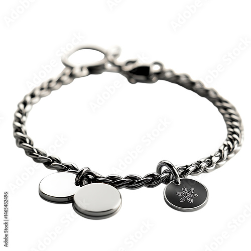 Stainless Steel Remembrance Bracelet with Engraved Heart Charm and Disc Isolated on Transparent Background