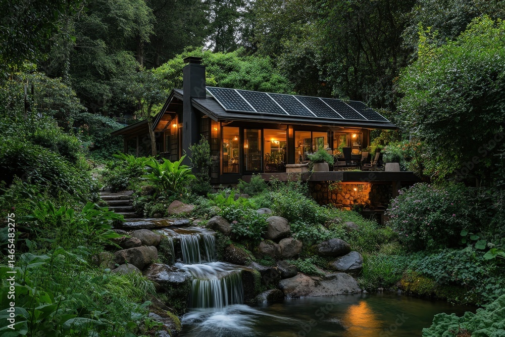 Naklejka premium Secluded cabin nestled within a lush, tranquil garden.
