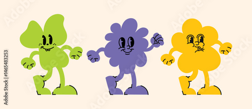 Bundle of vector logo templates and graphics for advertising, branding, marketing posters and banners, featuring cartoon characters, fun mascots and linear icons.