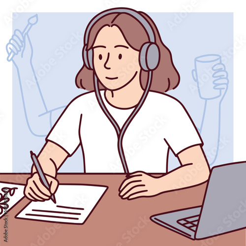 Creative girl working hard on her studies sitting at desk, wearing headphones, focused on learning, dreaming about future success, career ambitions, and personal creative growth while feeling motivate