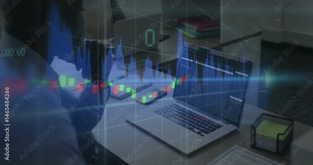 Coworkers working on laptops at office desks, displaying animated financial charts and phone icons Coworkers working on laptops at office desks, displaying animated financial charts and phone icons