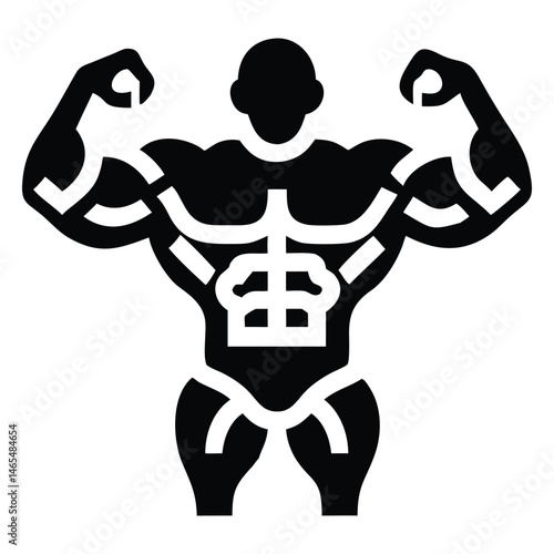 Silhouette of bodybuilder shows off muscular physique and strong arms by flexing against white background