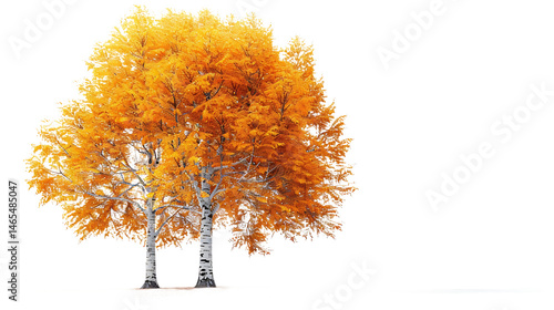 Golden foliage birch pair in autumn season isolated on transparent background