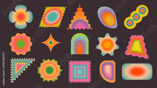 Set of glowing whimsical spheres. Blurred shapes in retro style with glow effect. Strange forms, vector elements for graphic design