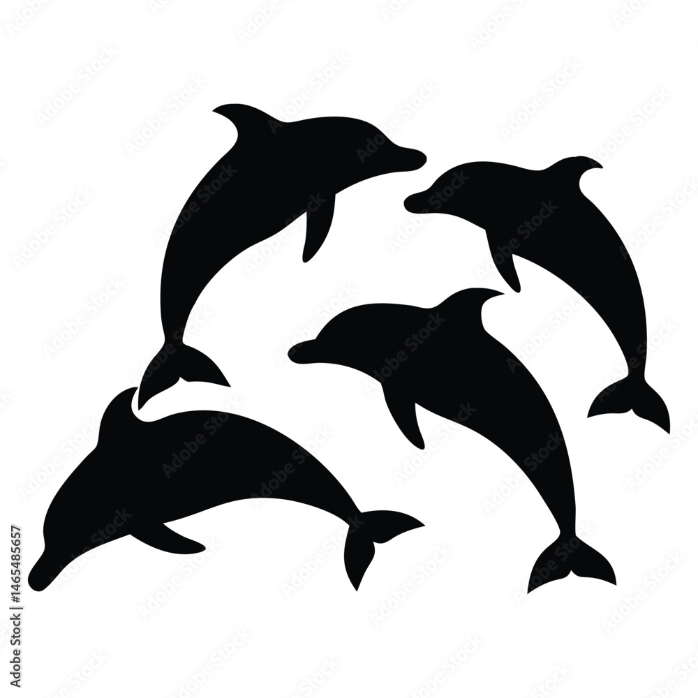 Fototapeta premium Silhouette portrays five dolphins leaping playfully together, a marine life illustration