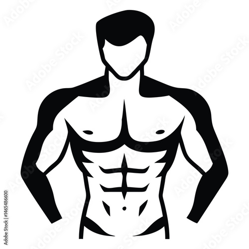 Silhouette shows muscular male torso with defined abs and arms, standing powerfully