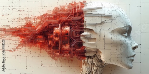 Bust profile view depicting a merging of human features and complex circuitry with wired connections on a neutral backdrop